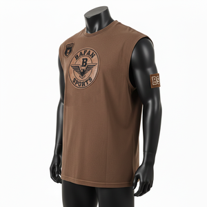 เสื้อยืดผู้ชายผ้าฝ้าย 100% ทรงหลวม พิมพ์ลาย เสื้อยืดแขนกุดโพลีเอสเตอร์พรีเมียม เนื้อผ้านุ่ม ยืดหยุ่น สีน้ำตาล พร้อมโลโก้ยาง - Product Image 3