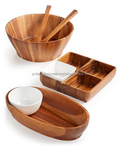 Ensemble d'assiettes de service en bois d'acacia de 7 pouces Plat de forme irrégulière Motif personnalisable Cuisine de service de nourriture personnalisée classique - Product Image 3