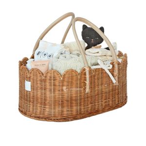 <b>Wicker</b> Storage <b>Baskets</b> with Leather <b>Handles</b>, Scalloped Edge Oval Baby Nursery Organizer Vietnam - Product Image 2