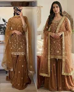 Conjunto de Traje Sharara con Dupatta, en Georgette de Imitación de Seda, con Bordado de Lentejuelas, Estilo Holgado, Natural, Veraniego, Vintage, Color Sólido - Product Image 1