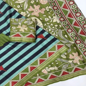 Sari de Seda Suave VASTRA COTTAGE con Estampados a Rayas, Borde Tejido con Zari, Estampados Kalamkari en el Pallu y Blusa en Contraste - Product Image 2