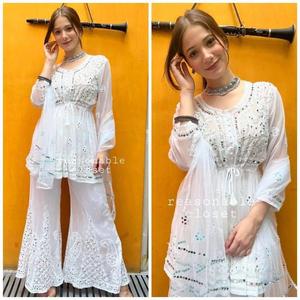 Nouveau Designer Georgette Broderie Et Réel Miroir Travail Top Palazzo Séquence Travail Fantaisie Quatre Côté Dentelle Bordure Dupatta Ensemble - Product Image 4