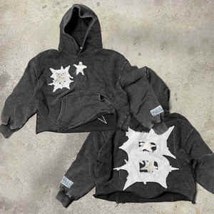 Logo personnalisé lavé à l'acide en détresse Patch brodé à capuche pour hommes 100% coton Design personnalisé Streetwear Couleur unie hiver - Product Image 1