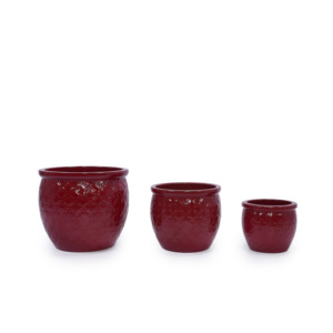 Decoração para Casa e Jardim Conjunto de 3 Vasos de Cerâmica Artesanais com Diâmetro de 15/12/10 Polegadas Padrão Moderno em Relevo Vermelho Profundo - Product Image 1