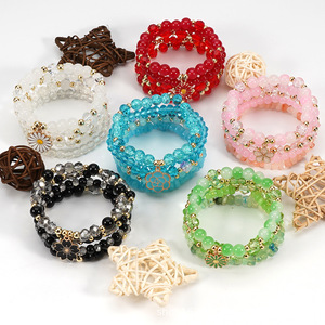 Ensemble de bracelets multirangs plaqués or rouge, perles élastiques, breloque fleur en cristal, bijoux pour femme, cadeau de fête - Product Image 4