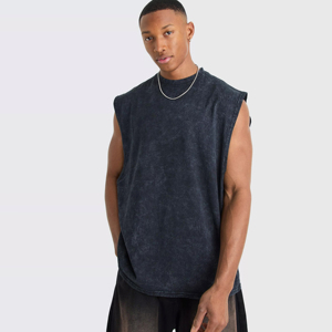 Camiseta sin mangas de gimnasio personalizada para hombre, Camiseta de punto de algodón de gran tamaño con chaleco sin mangas lavado con ácido, estilo informal con estampado personalizado - Product Image 1