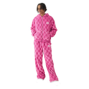 Ensemble de survêtement en molleton polaire à capuche unisexe, texture à carreaux, sweat à capuche zippé et pantalon de jogging décontracté pour la fabrication OEM - Product Image 1