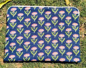 Handmade Quilted Cotton <b>Laptop</b> <b>Sleeve</b>: Blue Floral Print, Padded Protector - Product Image 3