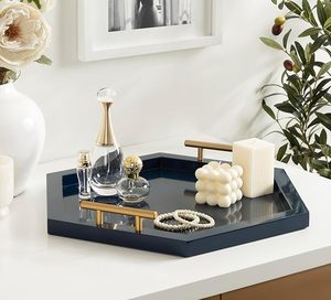 Plateau Hexagonal Modern Glam 18X16 Bleu Marine et Or Plateau de Service Décoratif en Bois avec Poignées en Métal Doré Plateau de Salle à Manger Élégant - Product Image 3