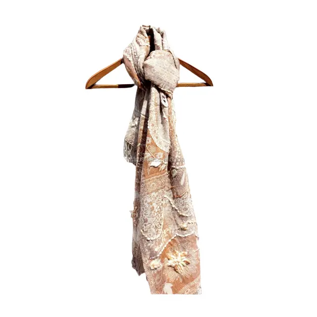 100% Natural Hand Embroidered Kashmiri Lambswool Beige Warm Stole For Women Wearing Usable Low Prices By Exporters