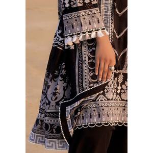 Ensemble de 3 pièces non cousues en tissu lawn pour femme, noir et blanc, qualité supérieure - Product Image 1