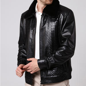 Chaqueta de piel de pitón negra para hombre, Cazadora Bomber de cuero con relieve de piel de serpiente, con cuello Rex desmontable - Product Image 4