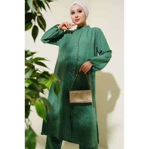 Benetton, traje de 2 piezas para mujer, adornada con túnica larga piedras, cuello de solapa Modal, ajuste holgado para oficina o temporada de otoño - Product Image 2