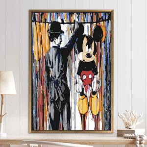 Elegante arte de pared grande: impresión en lienzo de grafiti de Charlie Chaplin y Mickey Mouse, con marco dorado - Product Image 1