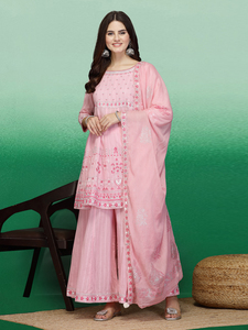 Tenues ethniques indiennes de créateur, élégantes et lourdes, avec broderie rose magnifique et travail Mirawer, ensembles Sharara tendance et ensembles Dupatta fantaisie, vente en gros Rama - Product Image 5