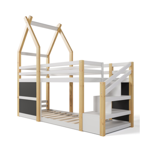Lit superposé moderne pour maison jumelle avec escalier de rangement blanc 2 tableaux noirs en bois blanc naturel pour chambre d'enfants fabriqué au Vietnam - Product Image 2