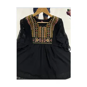 Best Design Women Short Tops In Heavy Embroidery Multi Color Georgette Butti With Inner Fabric