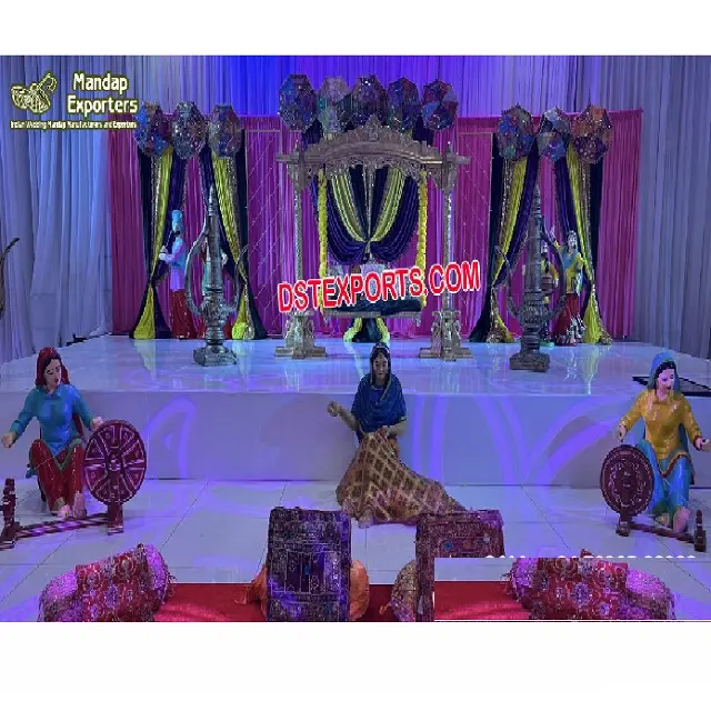 Sangeet-escenario de noche Punjabi para boda, escenario de Sangeet, decoración de escenario de noche tradicional, con estatuas Punjabi