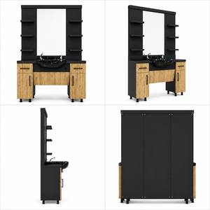 Estación de Trabajo de Barbería Moderna y Lujosa Modelo Decorsall con Espejo Doble, Estantes con Marco de Madera, Encimera de Mármol y Gabinete de Almacenamiento - Product Image 5