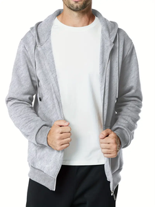 Sweat à capuche zippé de style vintage pour hommes en mélange de polyester/coton Tissu écologique à séchage rapide 300g Couleur unie Vêtements décontractés d'hiver - Product Image 4