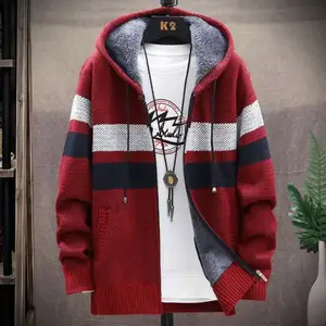 Autumn winter new fund men's contracted fashionable knitting coat pure color loose add fleece hooded cardigan