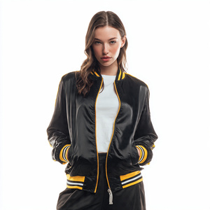 แจ็คเก็ตบอมเบอร์ผ้าซาตินแบบ OEM แจ็คเก็ตบอมเบอร์ผ้าซาตินคอวีแบบวาร์ซิตี้ แจ็คเก็ตบอมเบอร์แบบมีซิป สตรีทแวร์ แจ็คเก็ตบอมเบอร์ผู้หญิง - Product Image 4