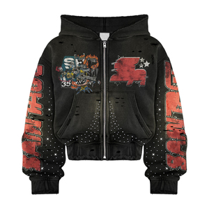 ชุดฮู้ดดี้ผ้าคอตตอน 100% หนัก 420 กรัม แบบสั่งทำพิเศษ พร้อมลายสกรีน ซิปโลหะ ลุคย้อมสีแบบดิสเทรส - Product Image 6