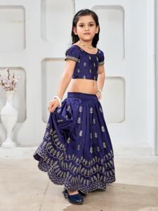 Shoryam Fashion, style Bollywood, ensemble de robe longue ethnique pour filles, Lehenga Choli bleu marine, bord festonné, pour fête et cérémonie - Product Image 3