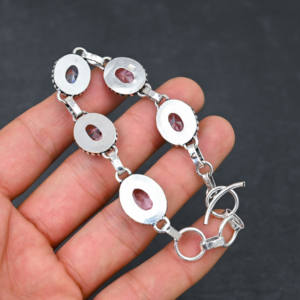 Piedra preciosa de kunzita Rosa creada en laboratorio, pulsera de estilo de cadena hecha a mano chapada en plata 925, regalo de joyería fina de diseñador - Product Image 3