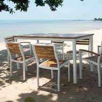 Ensemble de meubles minimalistes en bois pour salon, extérieur, hôtel, bar, villa, incluant une section repas, des chaises et une table basse