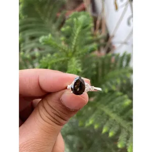 Bague de fiançailles en argent 925 avec quartz fumé, améthyste, pierre naturelle taille poire, motif géométrique, plaqué rhodium, technologie d'incrustation - Product Image 2