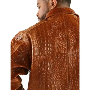 Custom OEM Brown Genuine Leather <b>Jacket</b> Men Stand Collar Bomber Coat <b>Fleece</b> <b>Lined</b> Breathable Front Logo - Product Image 4