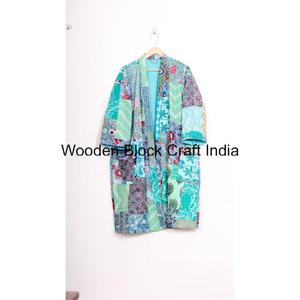 Chaqueta Kimono Corta Acolchada Kantha Indigo Transpirable con Cuello en V, Ropa de Dormir Informal de Algodón Suave para Mujer, Estilo Moderno y Acogedor - Product Image 1