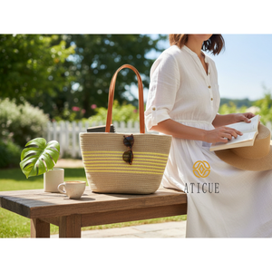 Bolso Tote de Yute Ecológico y Duradero para Mujer con Asas de Cuero y Cierre de Cremallera, Diseño a Rayas, 13x5x12 Pulgadas - Product Image 1