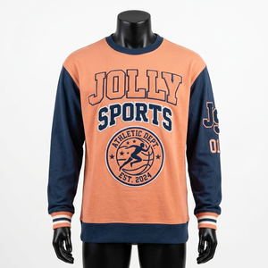 T-shirt homme manches longues en coton premium 220 GSM, orange et bleu marine, tissu doux et respirant, impression sérigraphique. - Product Image 1