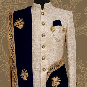 2023 nuevo Sherwani bordado indio/pakistaní con estola de seda y zapatos de talla grande para fiesta/vestido de novia con pantalón brocado - Product Image 1