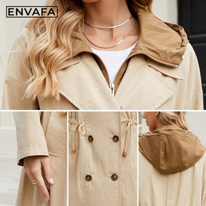 Gabardina Larga Color Caqui de Alta Calidad, Personalizada, Resistente al Viento, para Mujer, con Cordón Ajustable, Doble Botonadura y Capucha - Product Image 4