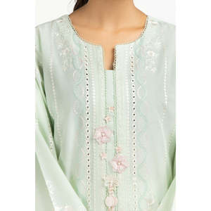 Camisa y Pantalón Bordados en Cambray Verde Claro para Mujer, Primavera/Verano - Product Image 4