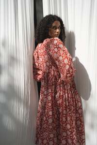 2024 vestidos casuales de verano para mujer bloque de mano impreso 3/4 mangas algodón precio al por mayor largo Floral Maxi vestido rosa - Product Image 3