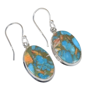 Oyster cuivre Turquoise 925 argent Sterling pierres précieuses crochet boucles d'oreilles décembre pierre de naissance bijoux faits à la main forme ovale cadeau pour elle - Product Image 1