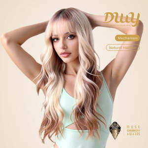 Kacey-DWY 28-Inch Long MiraScalp Wavy for Ombre <b>Blonde</b> and Brown <b>Wig</b> with Transparent Lace Bangs - Product Image 1