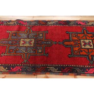 Turkish Vintage Rug, 2.9x11.6 ft Herki Rug, <b>Red</b> Gray Patchwork <b>Wool</b> Rug - Product Image 3
