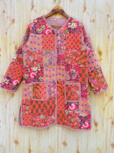 เสื้อโค้ทส่าหรีกันธาผ้าฝ้ายวินเทจทำด้วยมือแจ็กเก็ตเย็บปะติดแบบยาวออกแบบลายเย็บด้วยมือ - Product Image 6