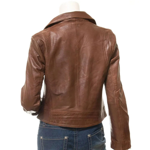 Premium Custom Women Brown Genuine <b>Leather</b> <b>Biker</b> <b>Jacket</b> Slim Fit Asymmetric Zipper Ladies Motorcycle Outerwear - Product Image 2