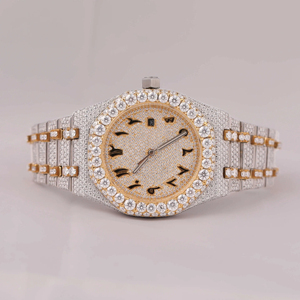 VVS Moissanite นาฬิกาอาหรับสีดำทำจากแก้วทรงมงกุฎทำจากสเตนเลสสตีลประดับเพชรแบบโบราณสีทอง - Product Image 1