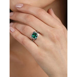 NOVAMART Fine 925 Sterling Silver Dark Green Cushion <b>Ring</b> <b>Adjustable</b> Band Rhodium Plated for Swiss Zirconia Expertly Set Gift Wo - Product Image 4