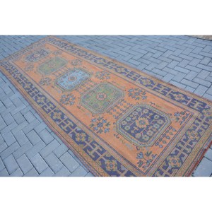 Classique Orange Noir Vintage Tapis Turc 4.3X11.4 ft À La Main Patchwork Conception Laine Bambou Soie Latex Rectangle Couloir Chambre - Product Image 4