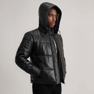 Gordon Casual Black <b>Sheepskin</b> Hooded Puffer <b>Jacket</b> with Standing Collar Zippered Embroidered Water-Proof Size XS ODM Supply - Product Image 2