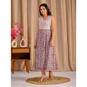 Vestido de algodón beige sin mangas con cintura natural, estampado, transpirable, informal, con cuello halter, talla única para uso diario en casa, ODM - Product Image 5