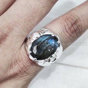 Anillo de piedra preciosa labradorita de fuego azul natural para hombre al por mayor, joyería de Navidad árabe, anillo de plata esterlina 925 - Product Image 2